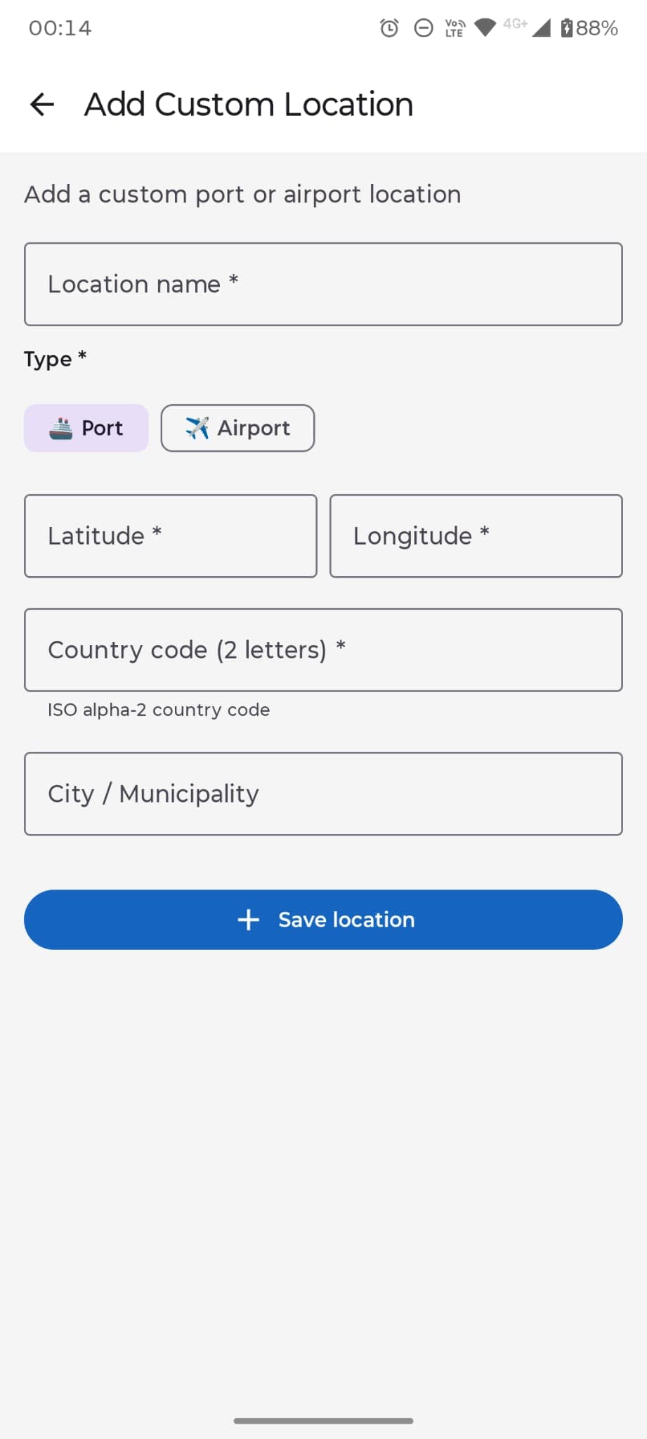PortAero Codes Add Custom Location screen.