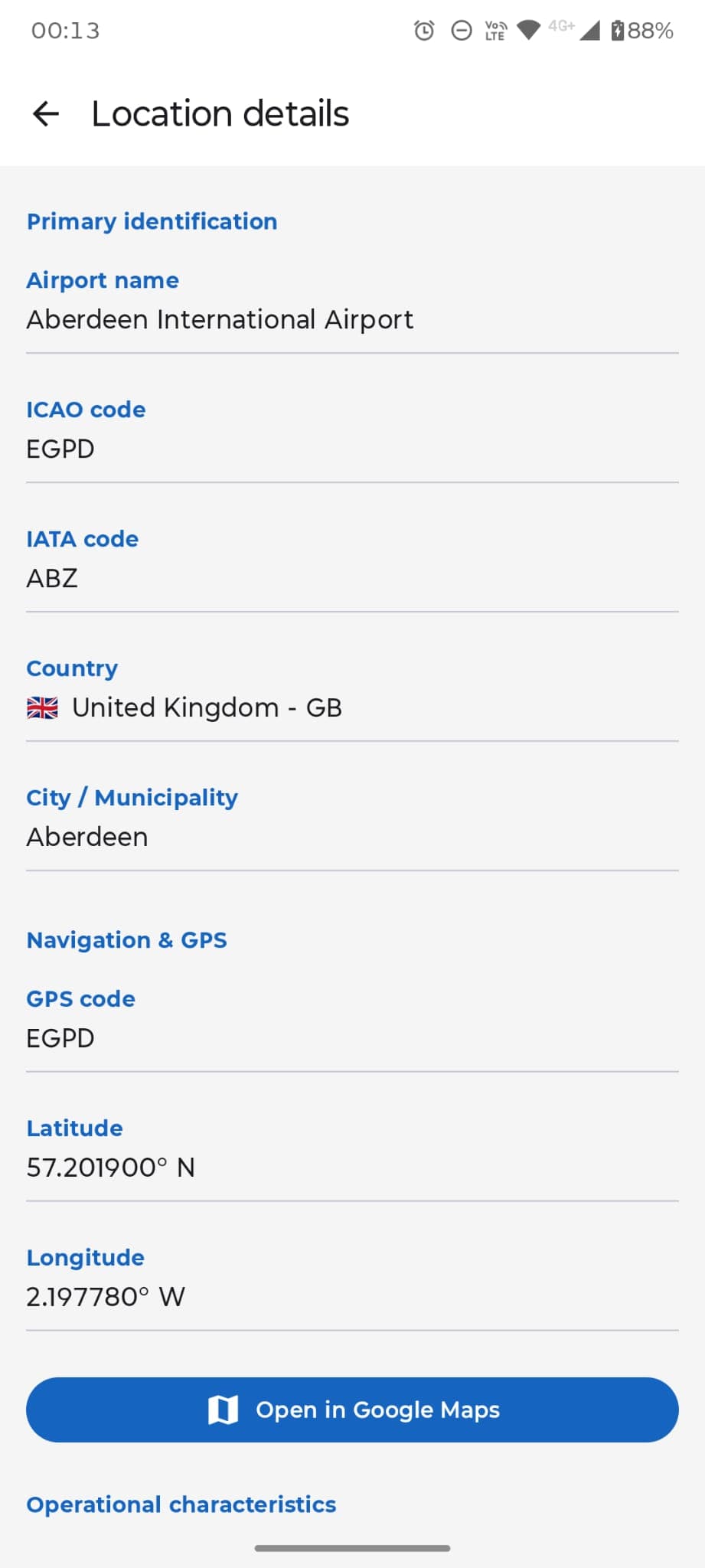 PortAero Codes airport details screen showing codes, coordinates and airport information.