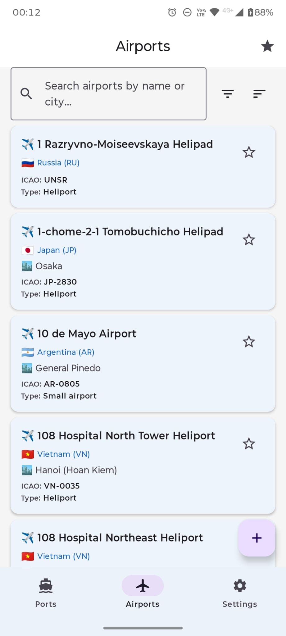 PortAero Codes Airports screen showing worldwide airports, search and filters.