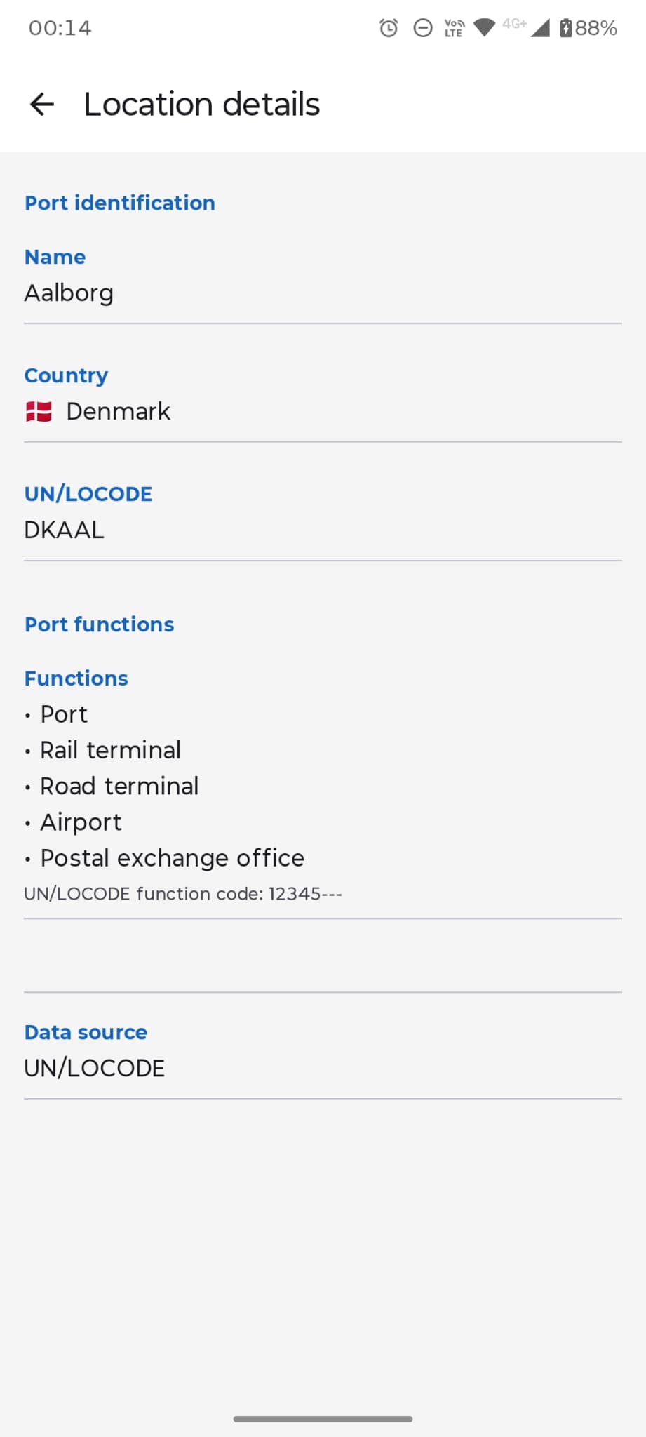 PortAero Codes location details for Aalborg showing multiple UN/LOCODE functions.