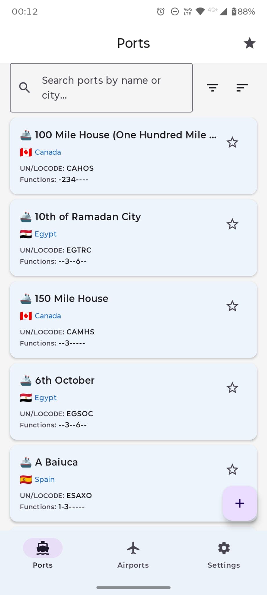 PortAero Codes Ports screen showing UN/LOCODE locations, search and filters.