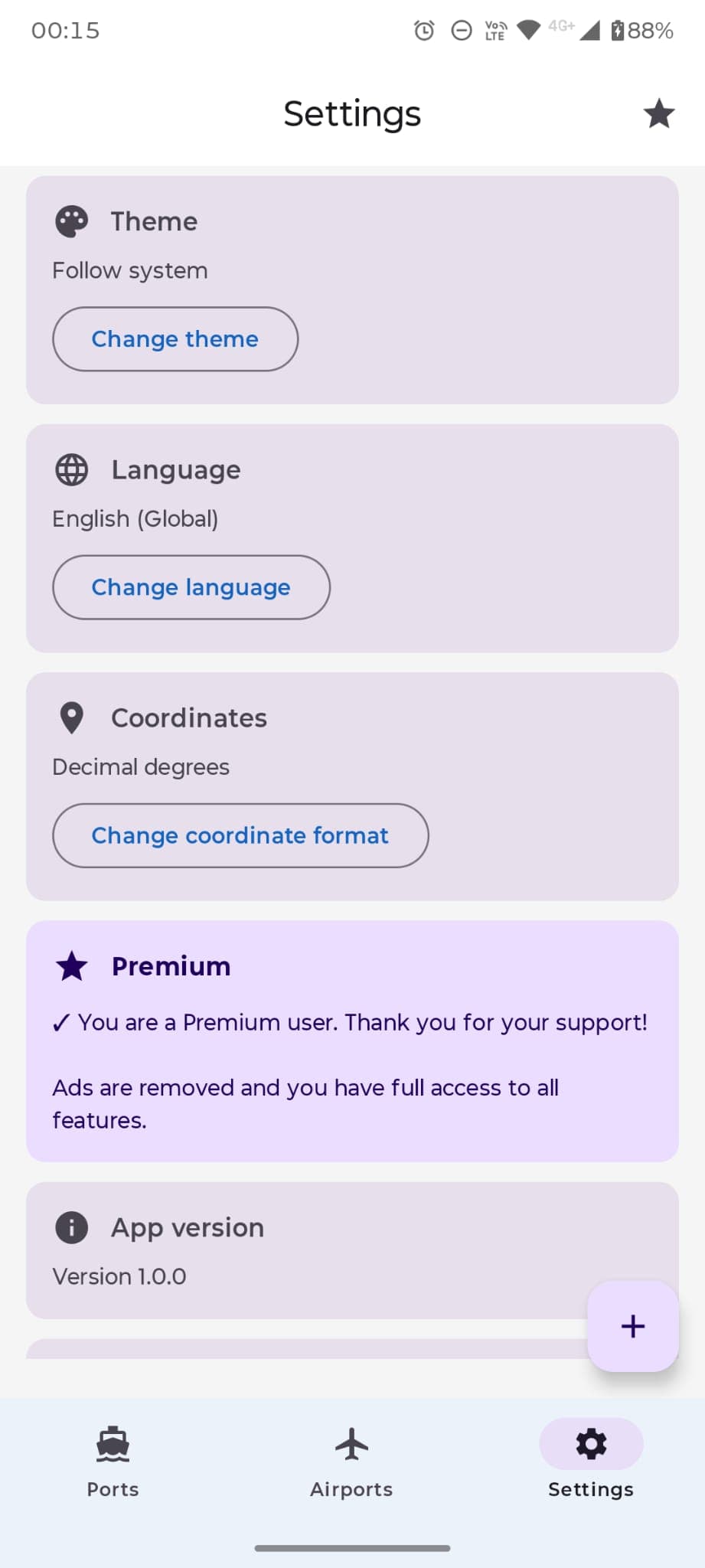 PortAero Codes Settings screen showing language, theme, coordinate format and Premium options.